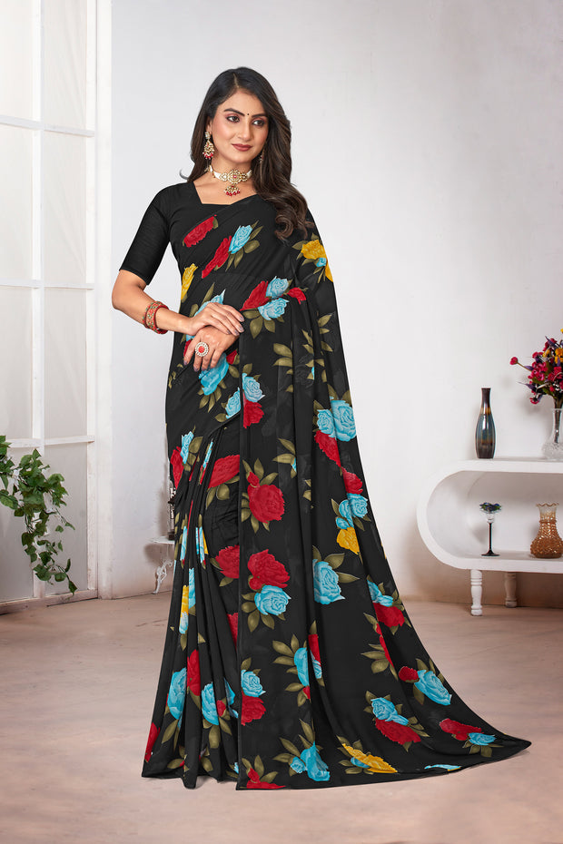 Laxmipati Black Georgette Floral Printed Saree