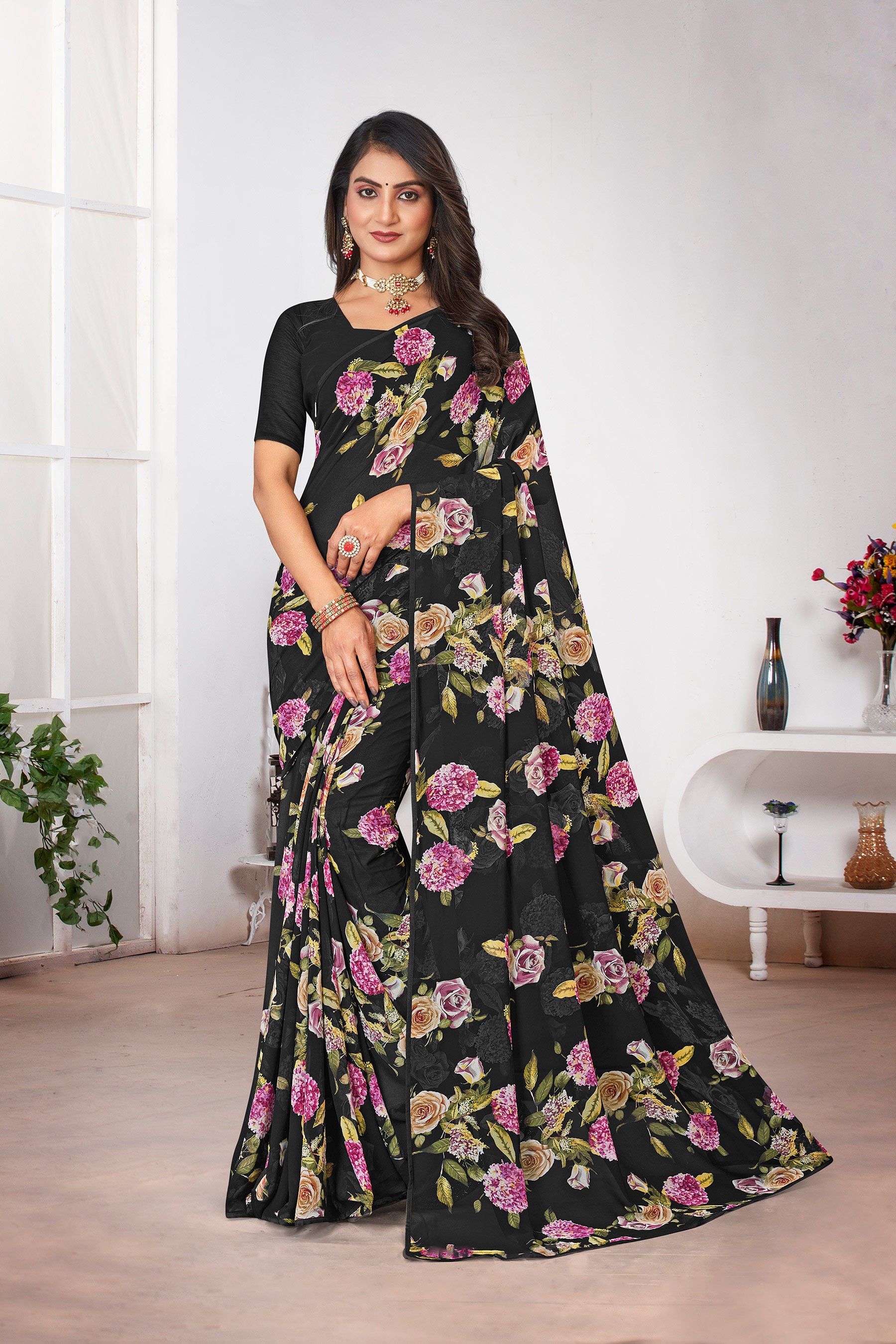 Laxmipati Black Georgette Floral Printed Saree