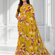 Laxmipati Mustard Georgette Abstract Printed Saree