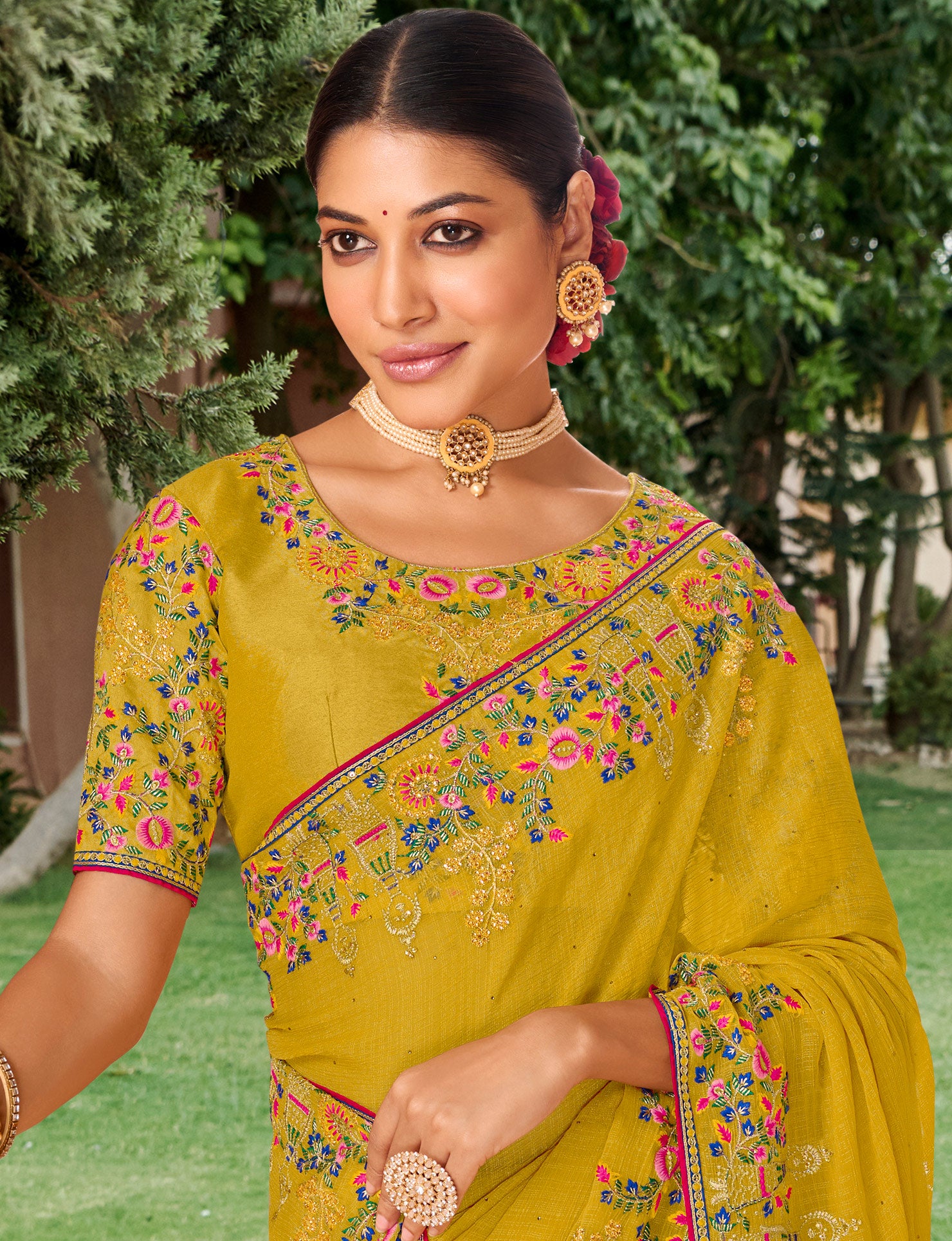 Laxmipati Falooda Floral Embroidered along with Stone Work Chiffon Saree in Ochre Yellow Color with Unstitched Blouse