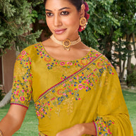 Laxmipati Falooda Floral Embroidered along with Stone Work Chiffon Saree in Ochre Yellow Color with Unstitched Blouse