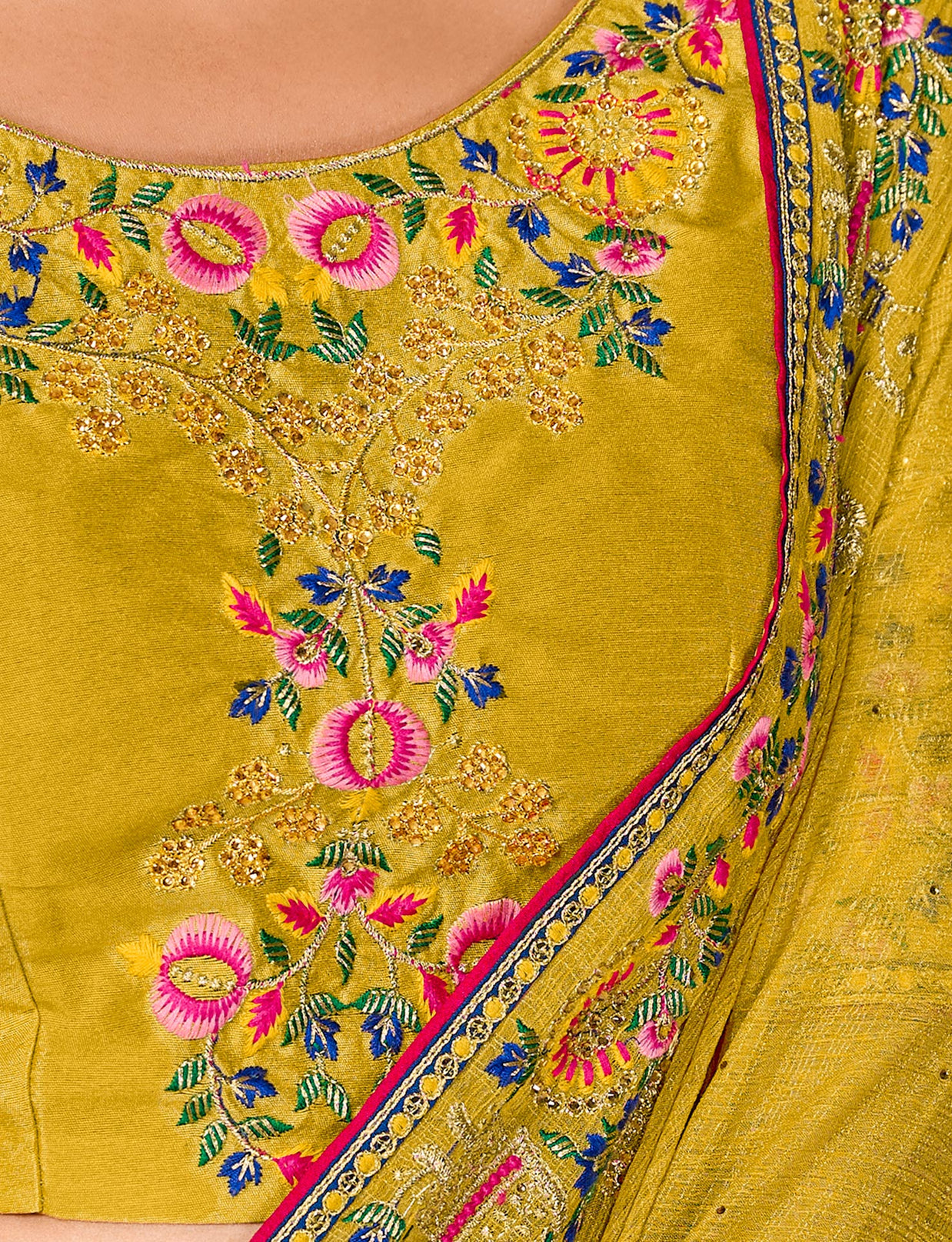 Laxmipati Falooda Floral Embroidered along with Stone Work Chiffon Saree in Ochre Yellow Color with Unstitched Blouse