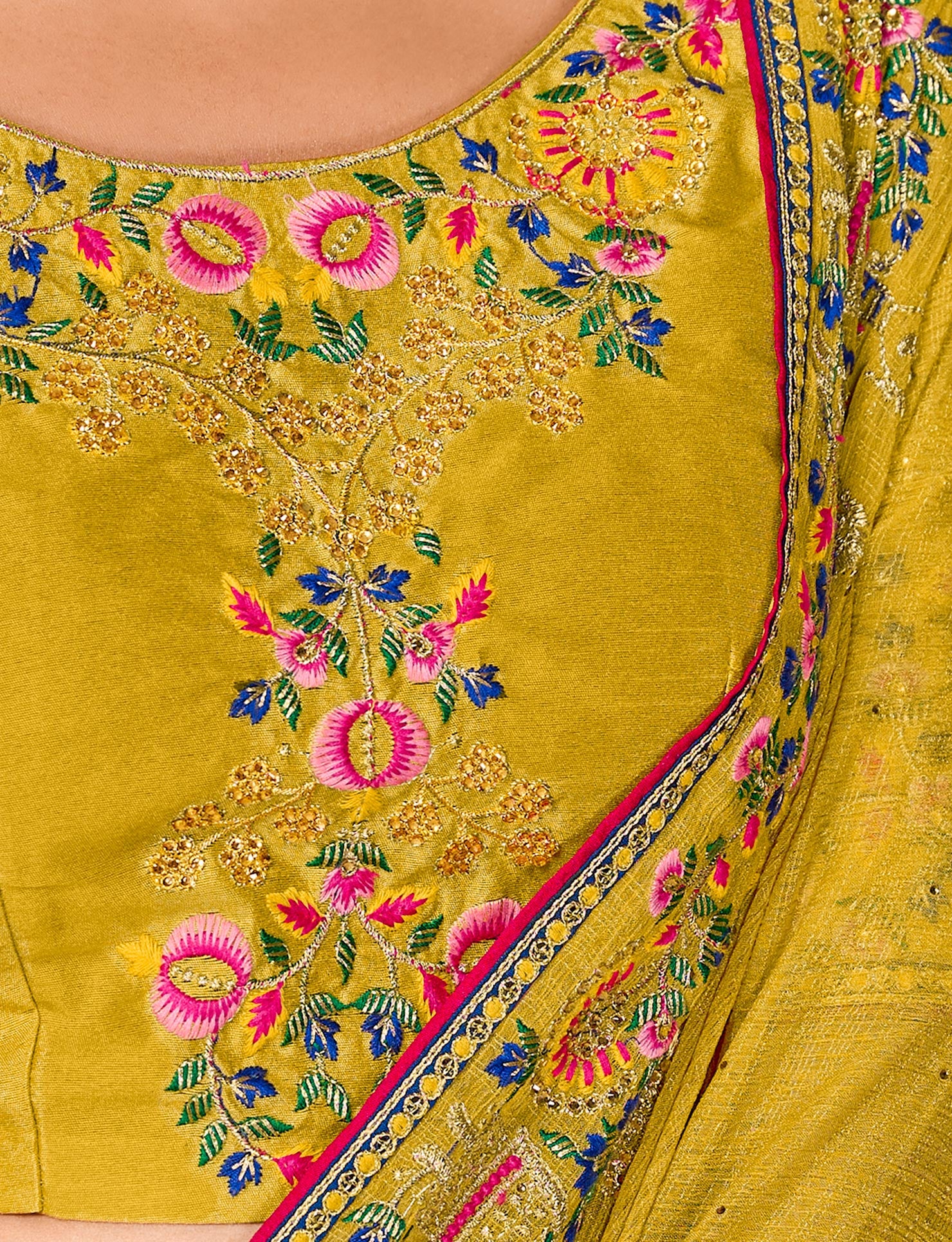 Laxmipati Falooda Floral Embroidered along with Stone Work Chiffon Saree in Ochre Yellow Color with Unstitched Blouse