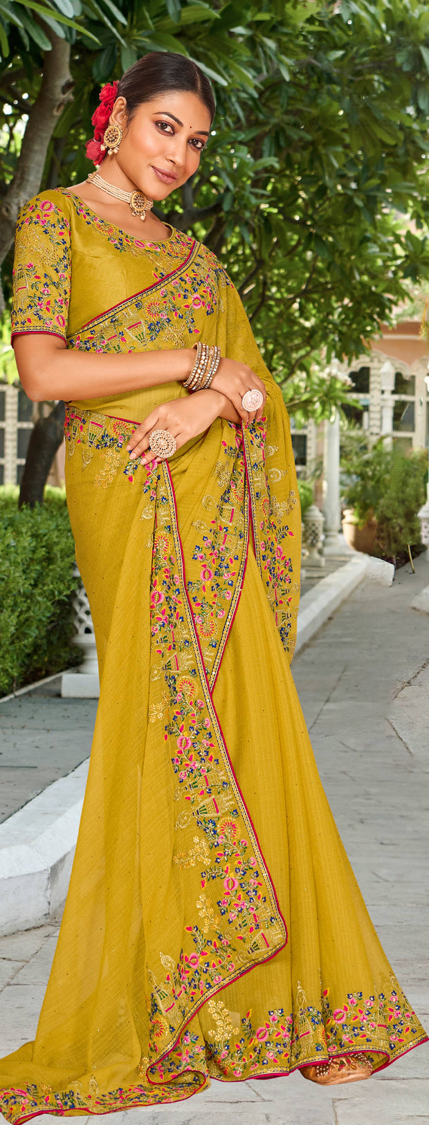 Laxmipati Falooda Floral Embroidered along with Stone Work Chiffon Saree in Ochre Yellow Color with Unstitched Blouse