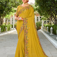 Laxmipati Falooda Floral Embroidered along with Stone Work Chiffon Saree in Ochre Yellow Color with Unstitched Blouse
