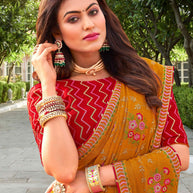 Laxmipati Falooda Floral Embroidered along with Zari and Stone Work Chiffon Saree in Orange Color with Unstitched Blouse