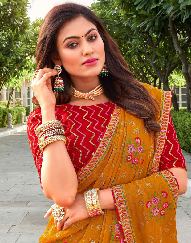 Laxmipati Falooda Floral Embroidered along with Zari and Stone Work Chiffon Saree in Orange Color with Unstitched Blouse