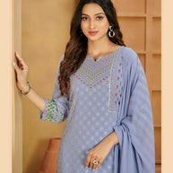 Laxmipati Gulabo Foil-Printed Straight Kurta Set with Trousers & Dupatta in Blue Color