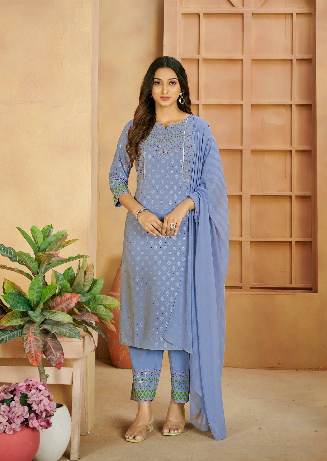 Laxmipati Gulabo Foil-Printed Straight Kurta Set with Trousers & Dupatta in Blue Color