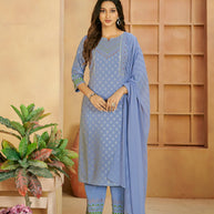 Laxmipati Gulabo Foil-Printed Straight Kurta Set with Trousers & Dupatta in Blue Color