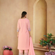 Laxmipati Gulabo Foil-Printed Straight Kurta Set with Trousers & Dupatta in Pink Color