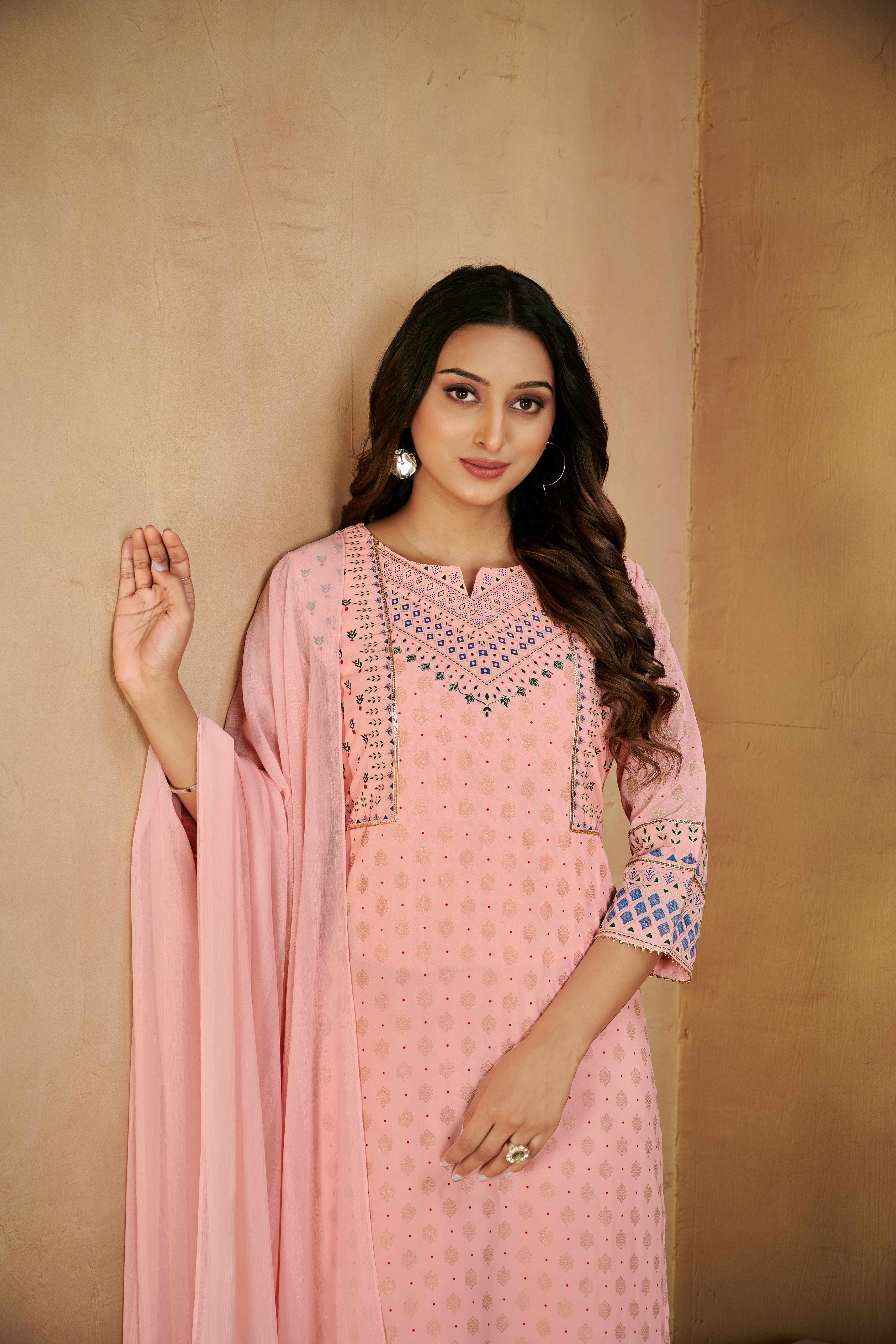 Laxmipati Gulabo Foil-Printed Straight Kurta Set with Trousers & Dupatta in Pink Color