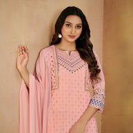 Laxmipati Gulabo Foil-Printed Straight Kurta Set with Trousers & Dupatta in Pink Color