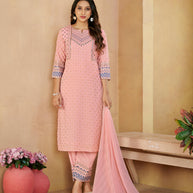 Laxmipati Gulabo Foil-Printed Straight Kurta Set with Trousers & Dupatta in Pink Color
