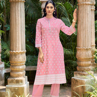 Laxmipati Sindoor Viscos Printed Straight Kurta with Trousers in Pastel Pink Color
