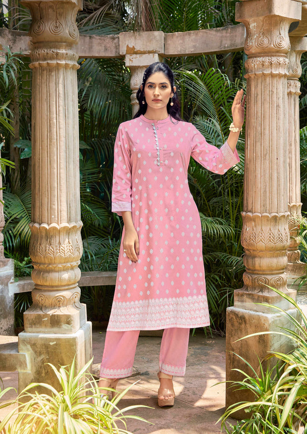 Laxmipati Sindoor Viscos Printed Straight Kurta with Trousers in Pastel Pink Color