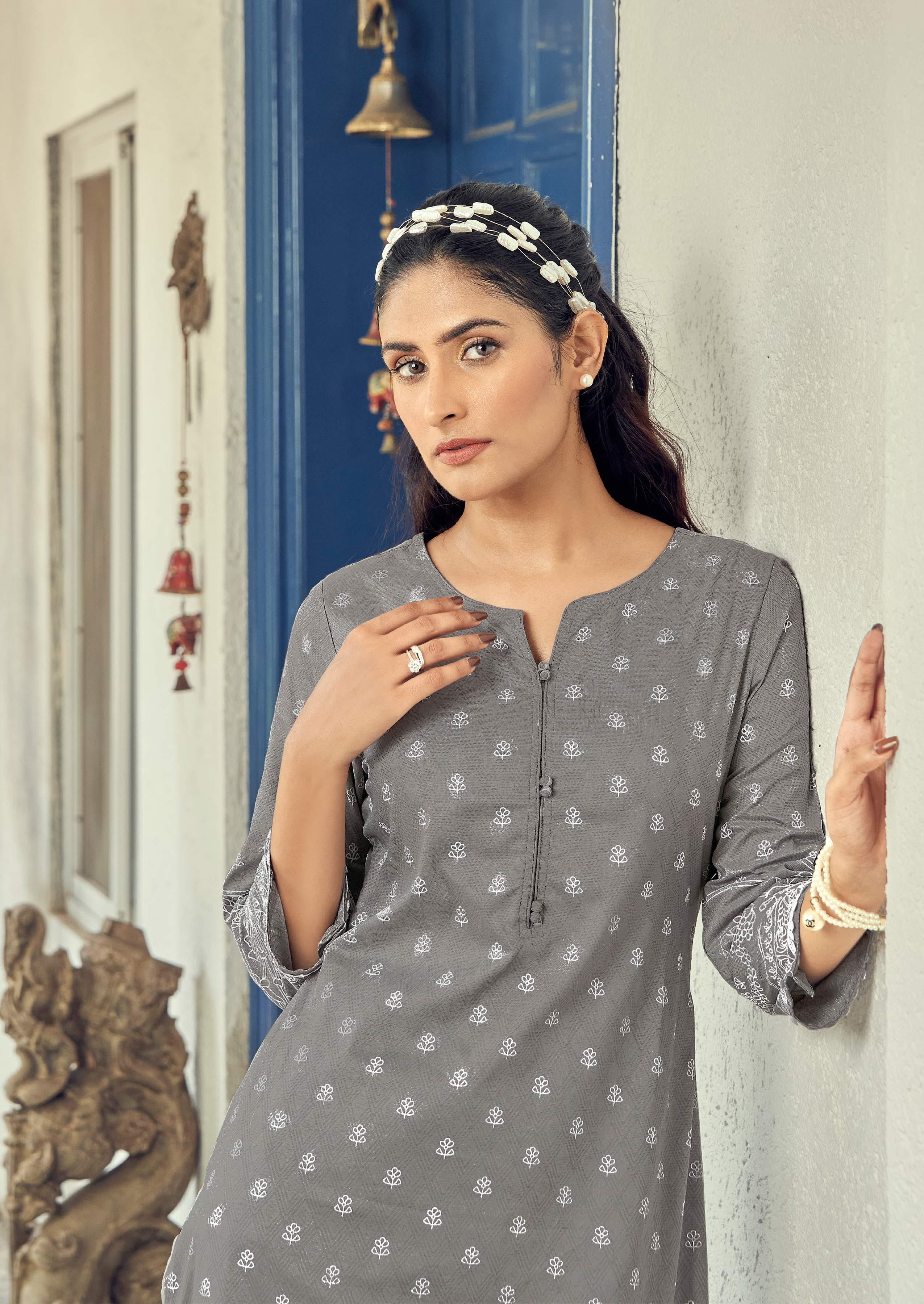 Laxmipati Sindoor Viscos Printed Straight Kurta with Trousers in Grey Color