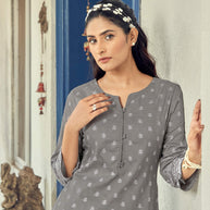 Laxmipati Sindoor Viscos Printed Straight Kurta with Trousers in Grey Color