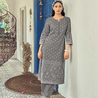 Laxmipati Sindoor Viscos Printed Straight Kurta with Trousers in Grey Color