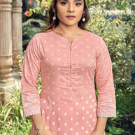 Laxmipati Sindoor Viscos Printed Straight Kurta with Trousers in Peach Color