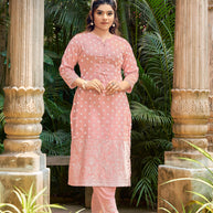 Laxmipati Sindoor Viscos Printed Straight Kurta with Trousers in Peach Color