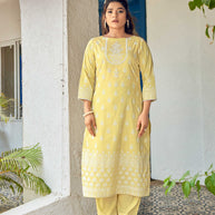 Laxmipati Sindoor Viscos Printed Straight Kurta with Trousers in Butter Yellow Color