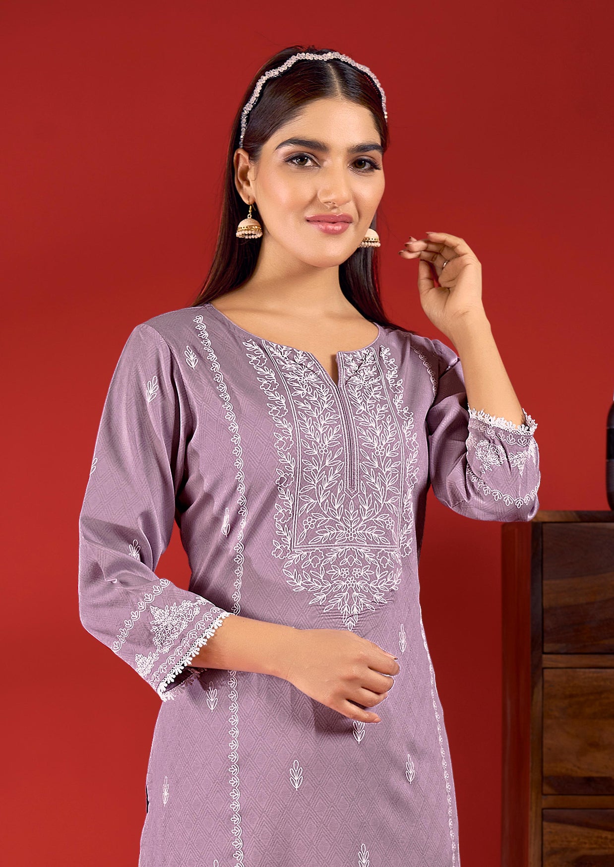 Laxmipati Sindoor Viscos Printed Straight Kurta with Trousers in Purple Color
