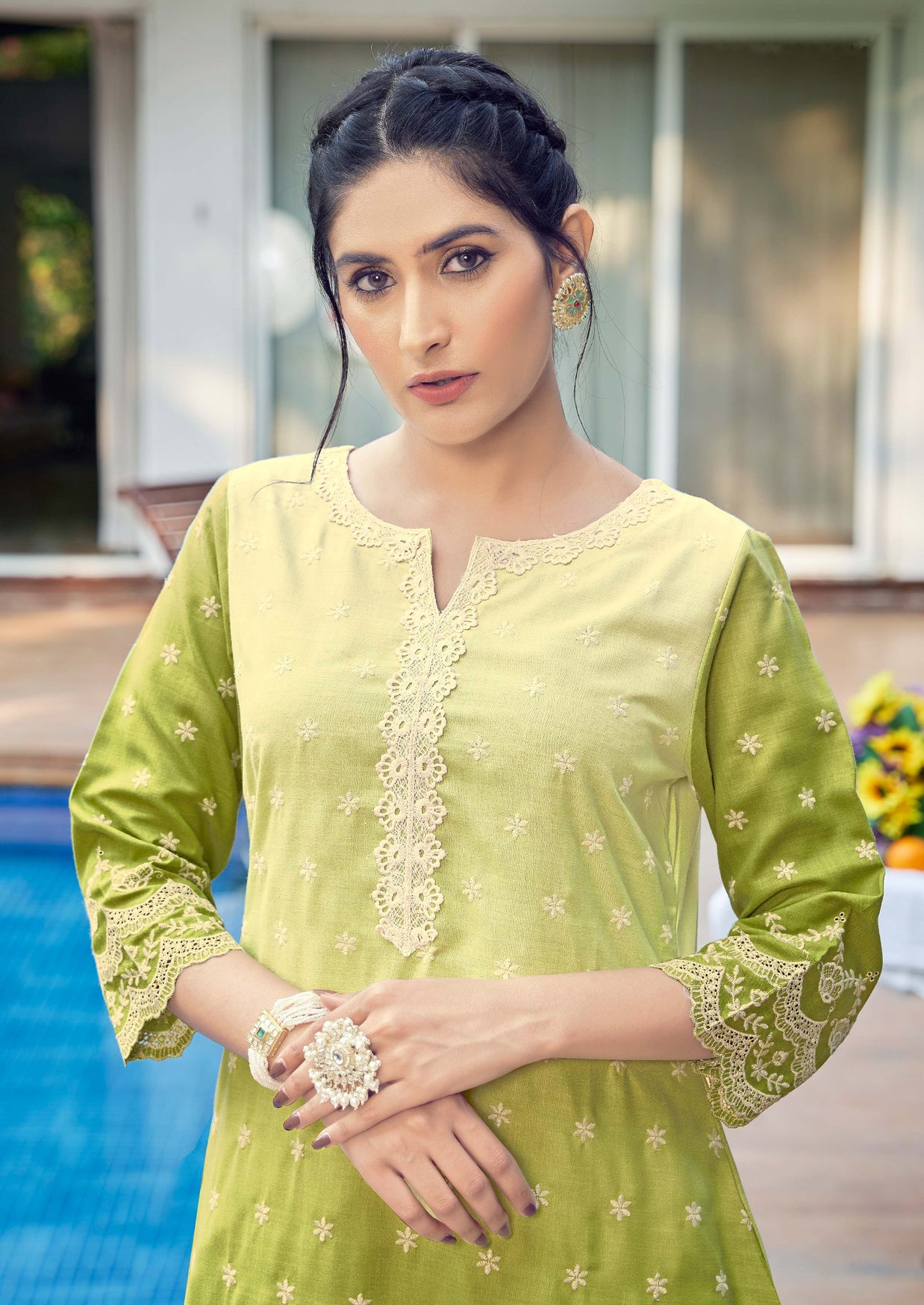 Laxmipati Ghevar Schiffli Embroidered Spun Cotton Straight Kurti in Green Color