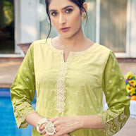 Laxmipati Ghevar Schiffli Embroidered Spun Cotton Straight Kurti in Green Color