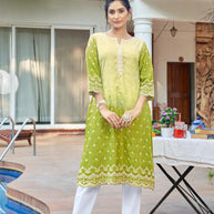 Laxmipati Ghevar Schiffli Embroidered Spun Cotton Straight Kurti in Green Color