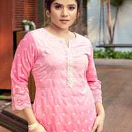 Laxmipati Ghevar Schiffli Embroidered Spun Cotton Straight Kurti in Pink Color