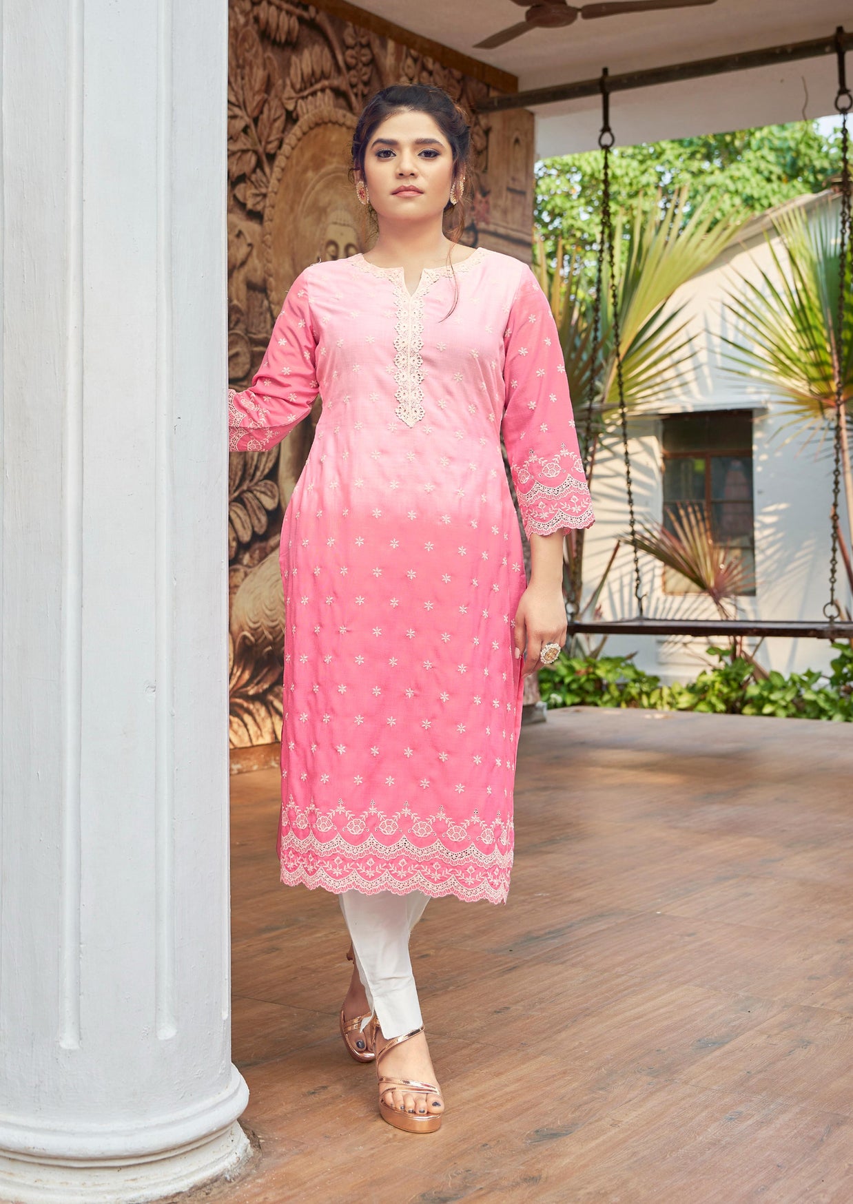 Laxmipati Ghevar Schiffli Embroidered Spun Cotton Straight Kurti in Pink Color