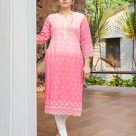 Laxmipati Ghevar Schiffli Embroidered Spun Cotton Straight Kurti in Pink Color