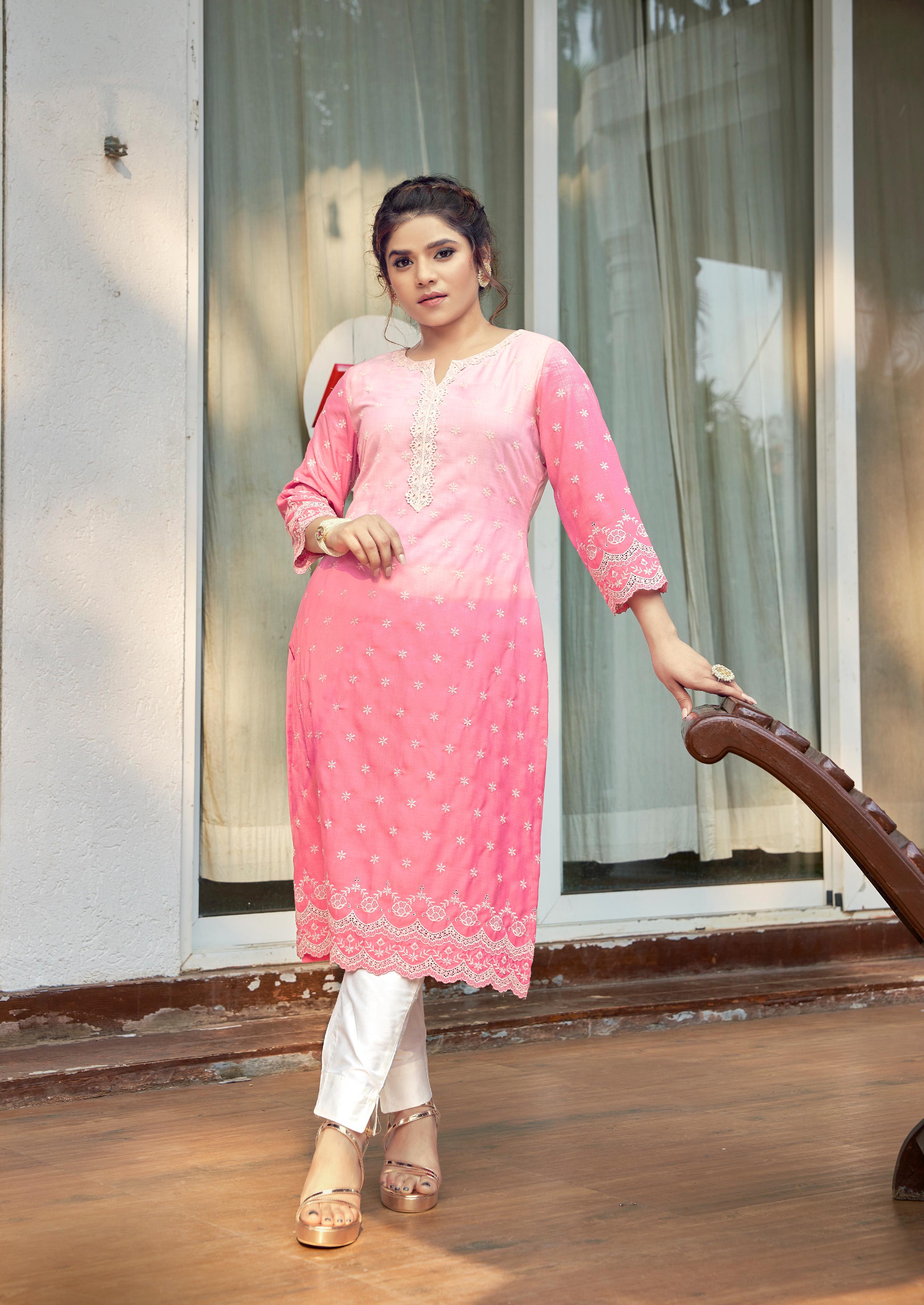 Laxmipati Ghevar Schiffli Embroidered Spun Cotton Straight Kurti in Pink Color