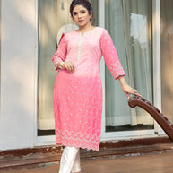 Laxmipati Ghevar Schiffli Embroidered Spun Cotton Straight Kurti in Pink Color