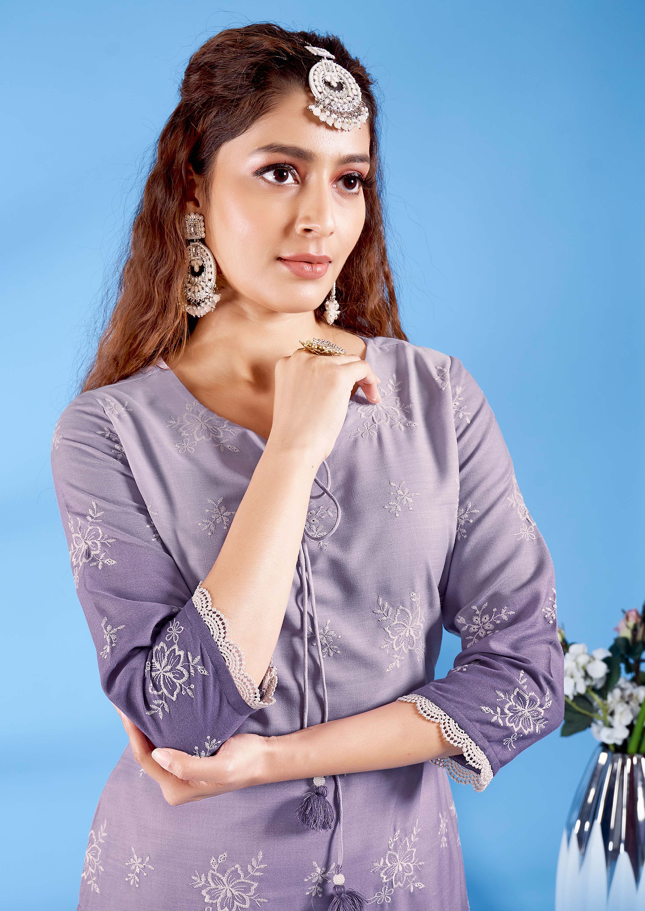 Laxmipati Ghevar Schiffli Embroidered Spun Cotton Straight Kurti in Purple Color