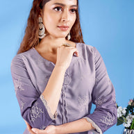 Laxmipati Ghevar Schiffli Embroidered Spun Cotton Straight Kurti in Purple Color