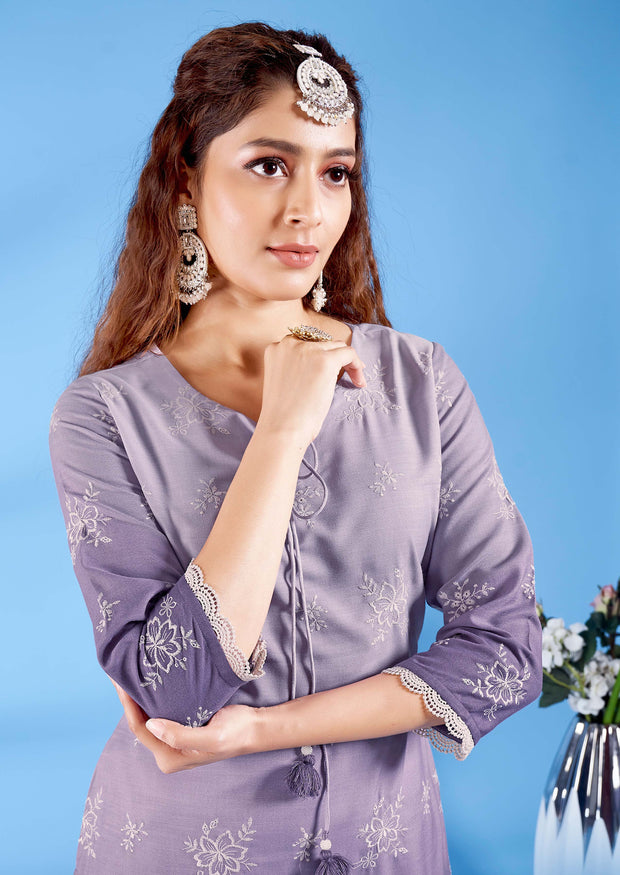 Laxmipati Ghevar Schiffli Embroidered Spun Cotton Straight Kurti in Purple Color