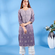 Laxmipati Ghevar Schiffli Embroidered Spun Cotton Straight Kurti in Purple Color