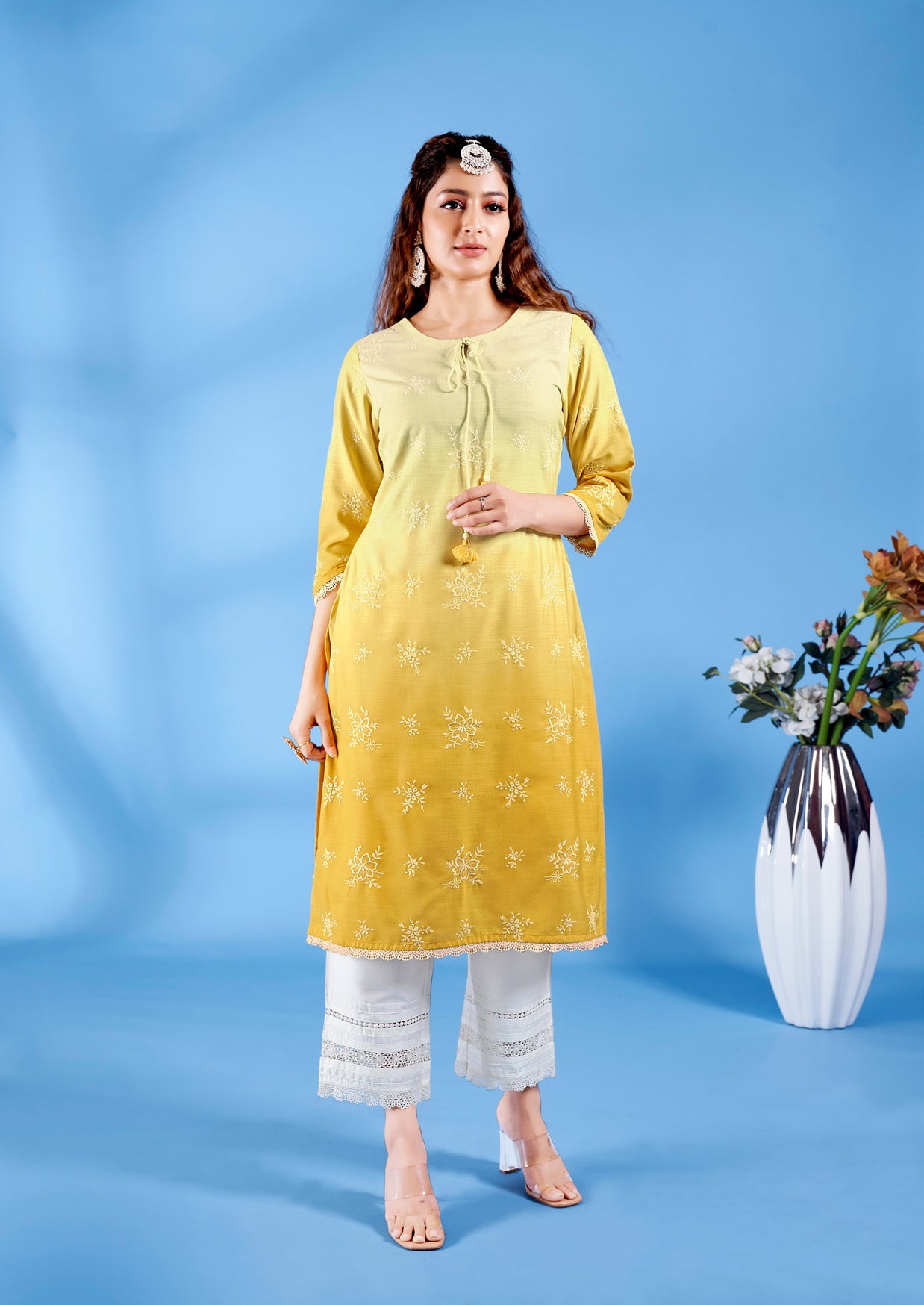 Laxmipati Ghevar Schiffli Embroidered Spun Cotton Straight Kurti in Yellow Color