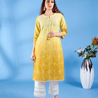 Laxmipati Ghevar Schiffli Embroidered Spun Cotton Straight Kurti in Yellow Color