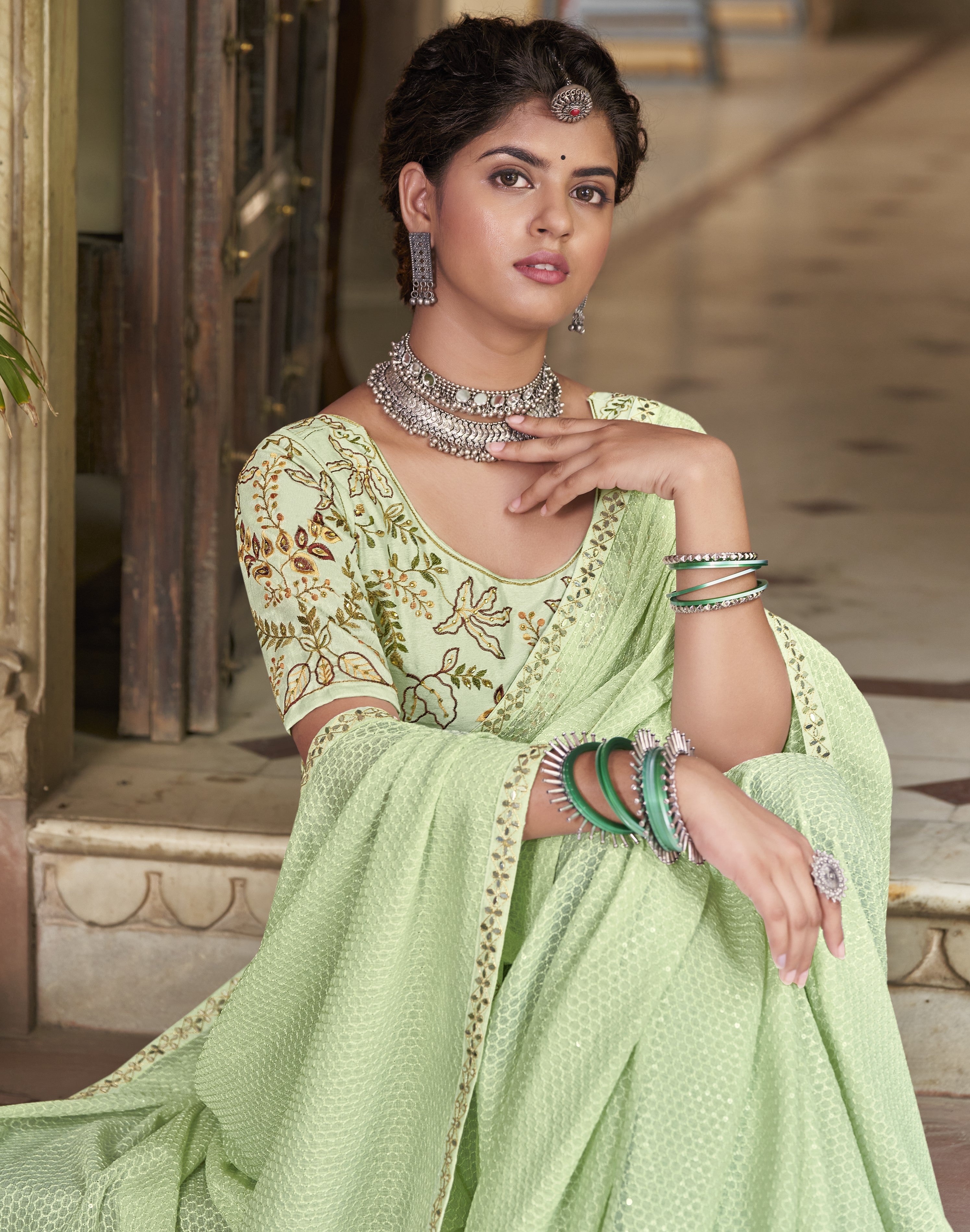 Laxmipati Chiffon Pista Green Saree