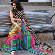 Laxmipati Designer Multicolor Georgette Stripe Print With Lace Border Saree
