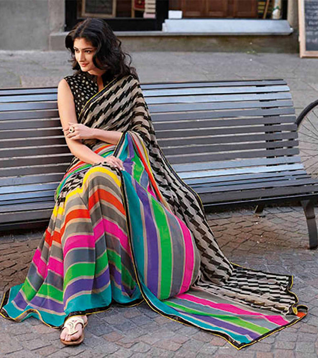 Laxmipati Designer Multicolor Georgette Stripe Print With Lace Border Saree