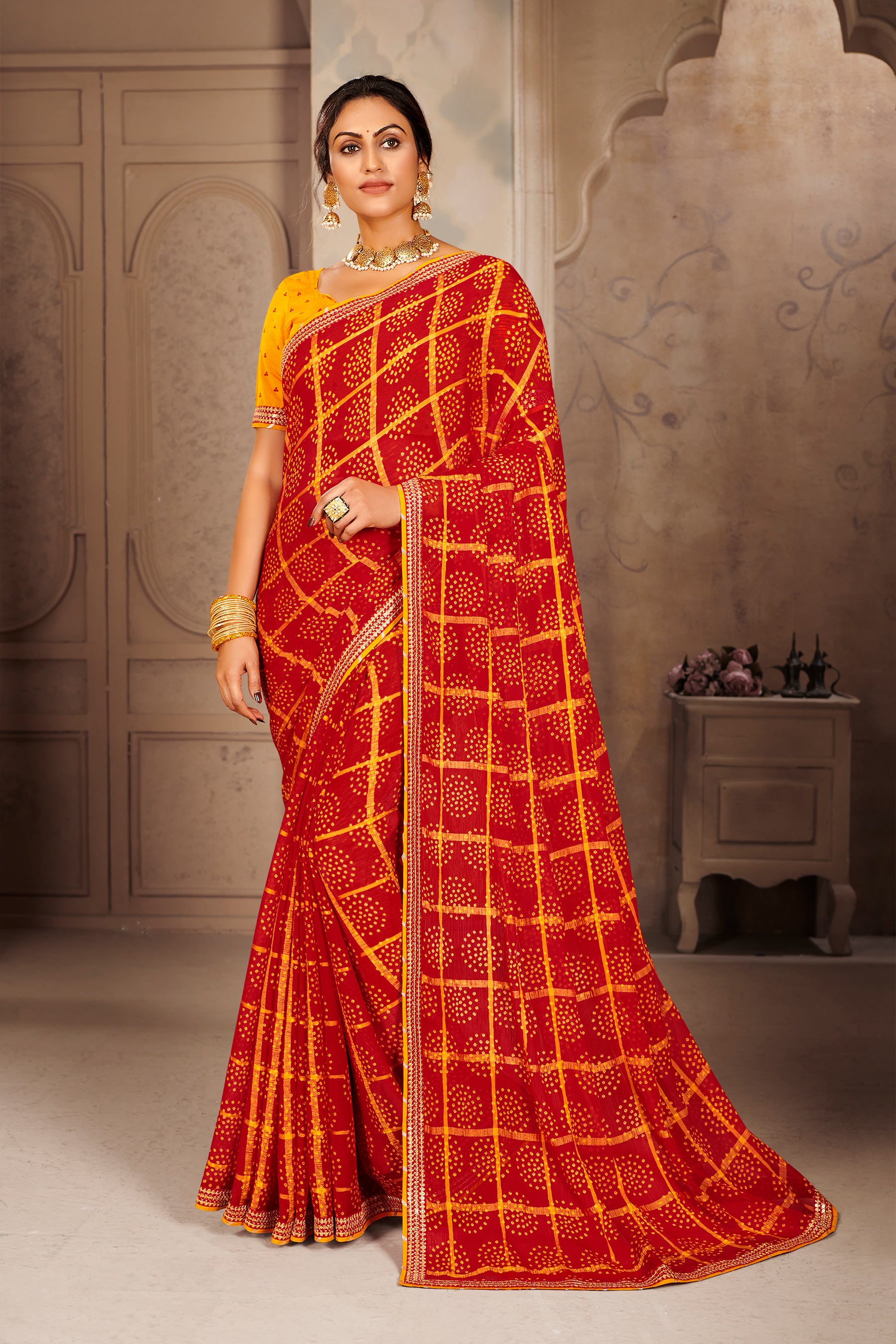 Laxmipati Red Chiffon Printed Saree