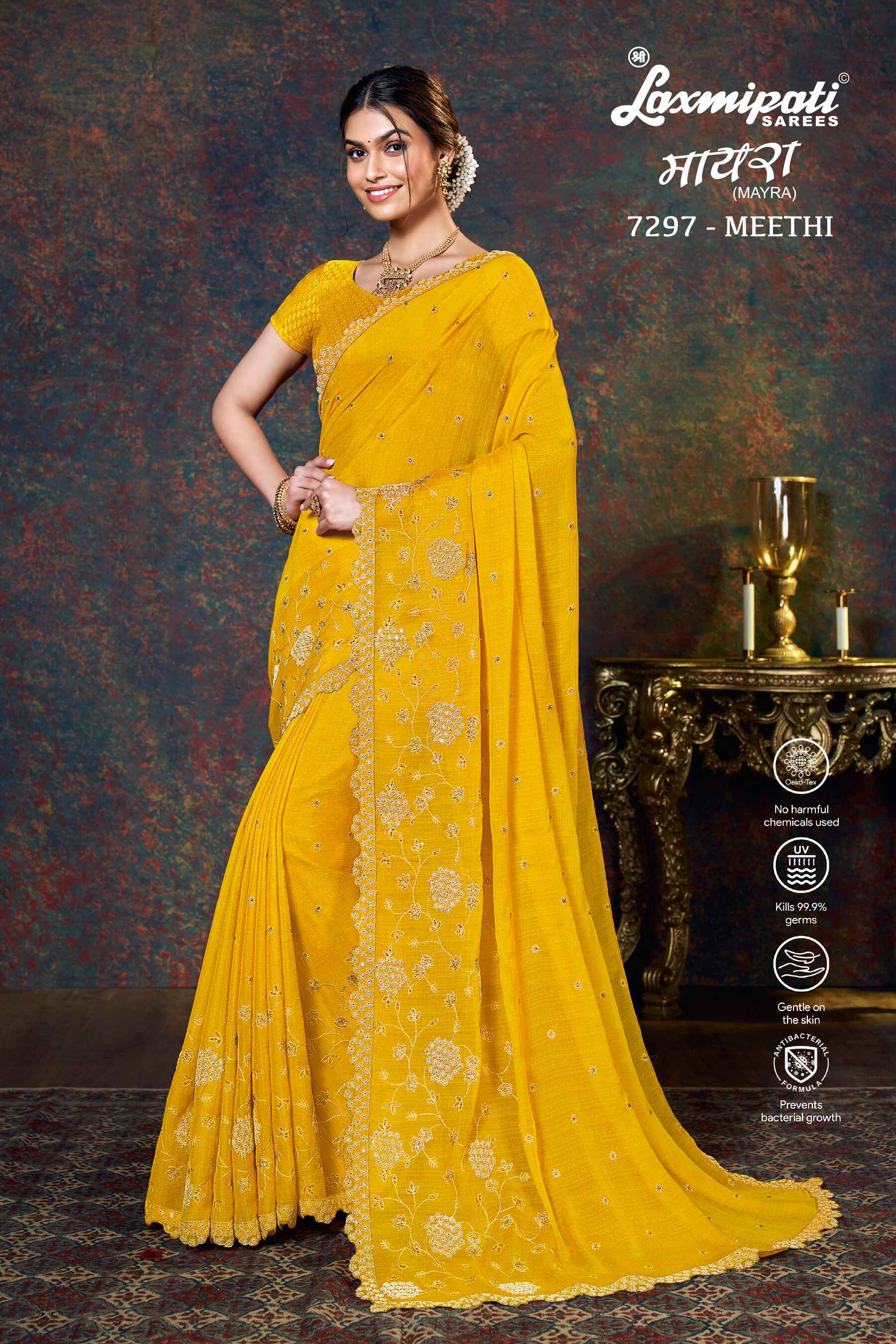 Laxmipati Bulbul 7297 Chiffon Yellow Saree