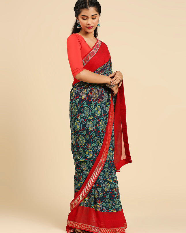 Laxmipati 7536 Poly Georgette Peacock Blue, Red Saree