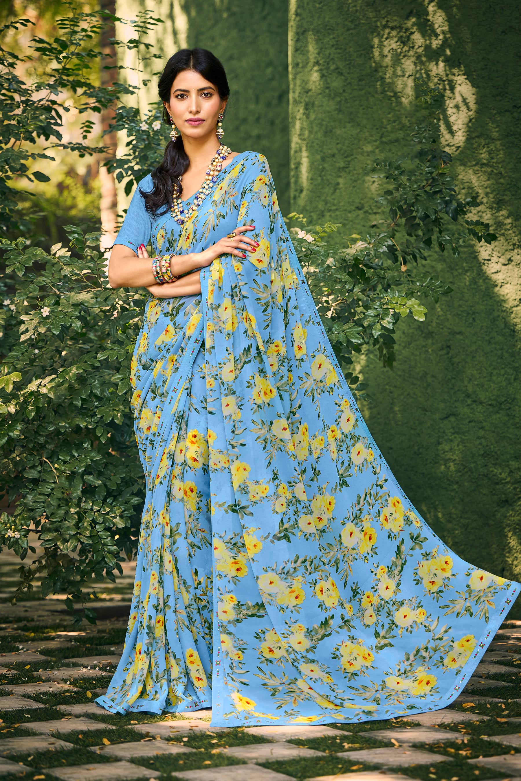 Laxmipati Blue Floral Georgette Printed Saree