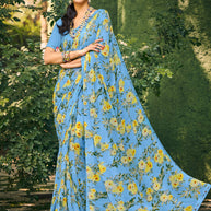 Laxmipati Blue Floral Georgette Printed Saree