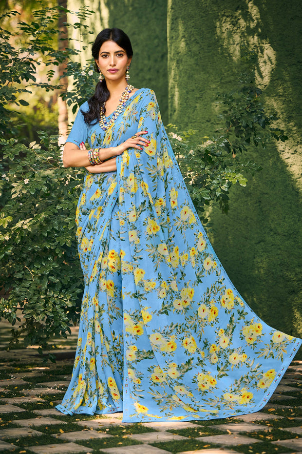 Laxmipati Blue Floral Georgette Printed Saree